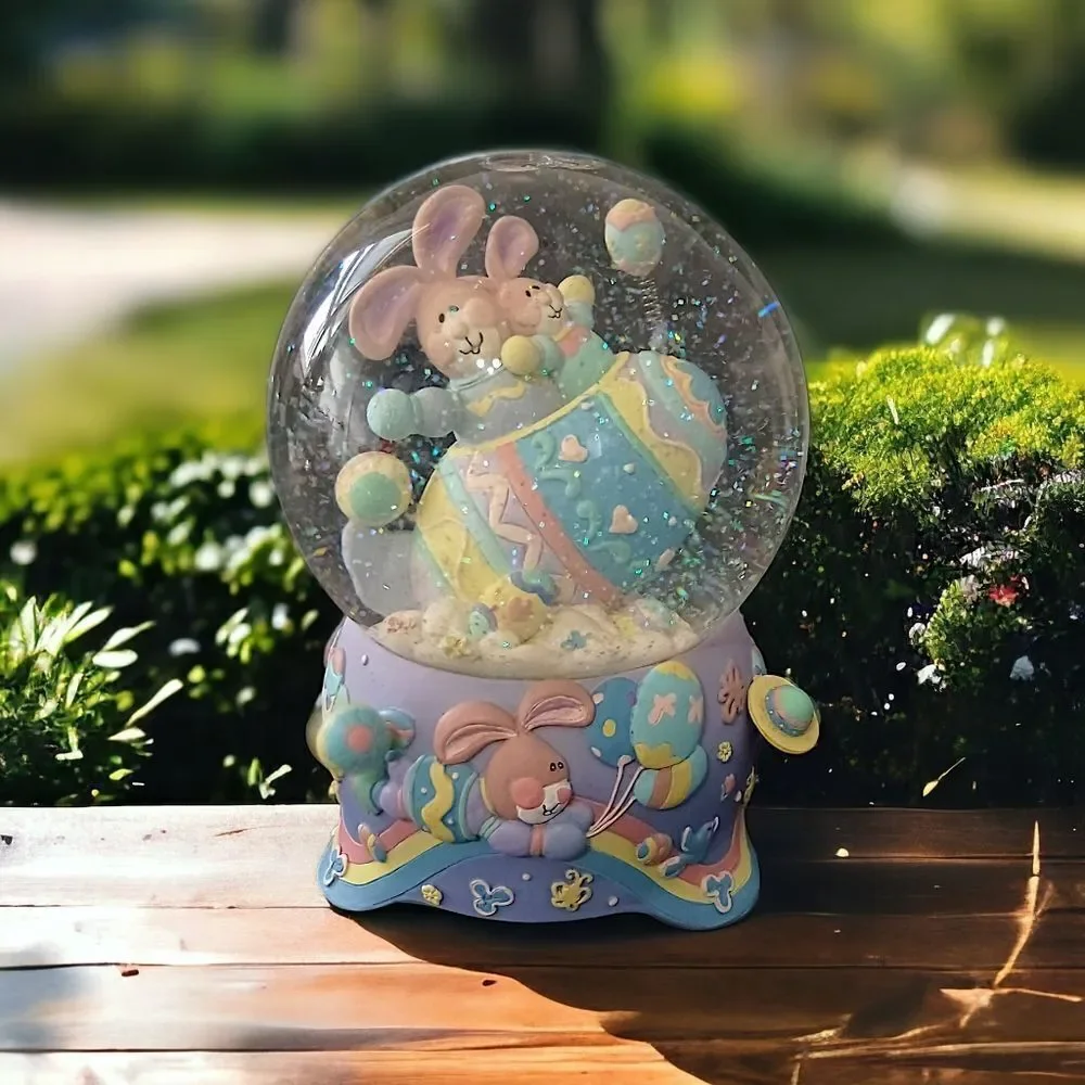 Easter Snow Globe Music Box Musical Bunny VIDEO Pastel Balloons Eggs Vintage 90s